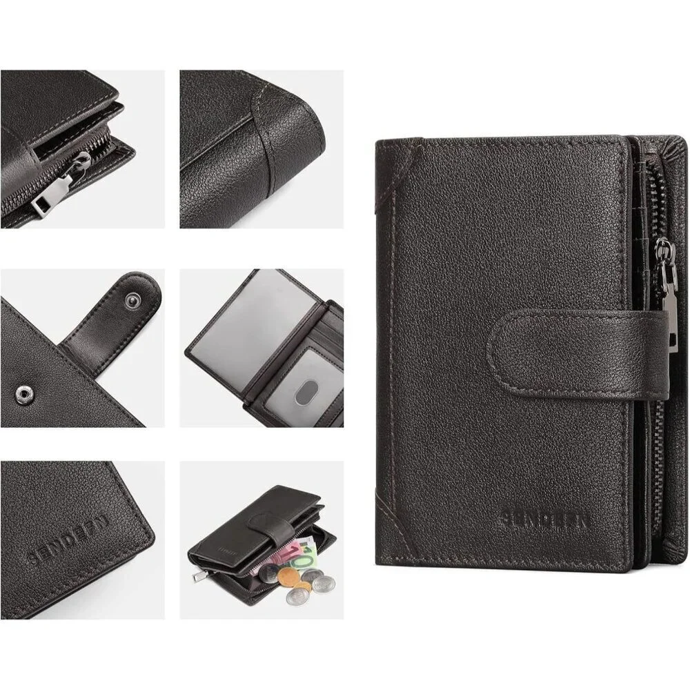 Men's F-Coffee Genuine Leather Bifold Wallet Blocking Credit Card Coin Pocket
